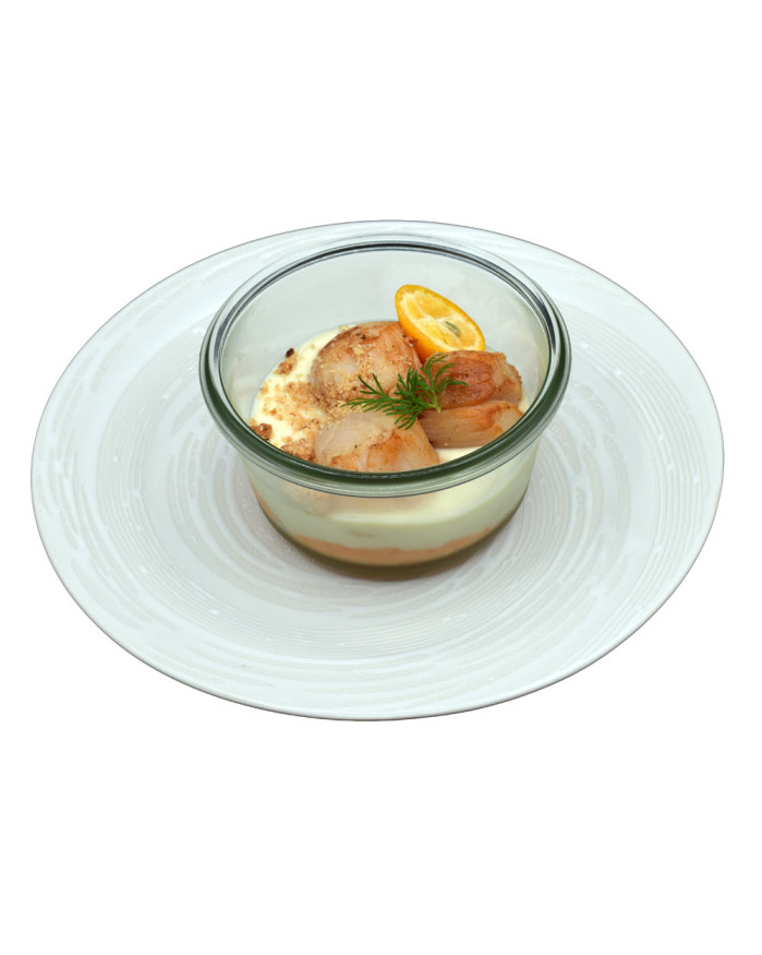 Noix de Saint-Jacques, pulpe de patates douces jus miel-orange et crumble 
