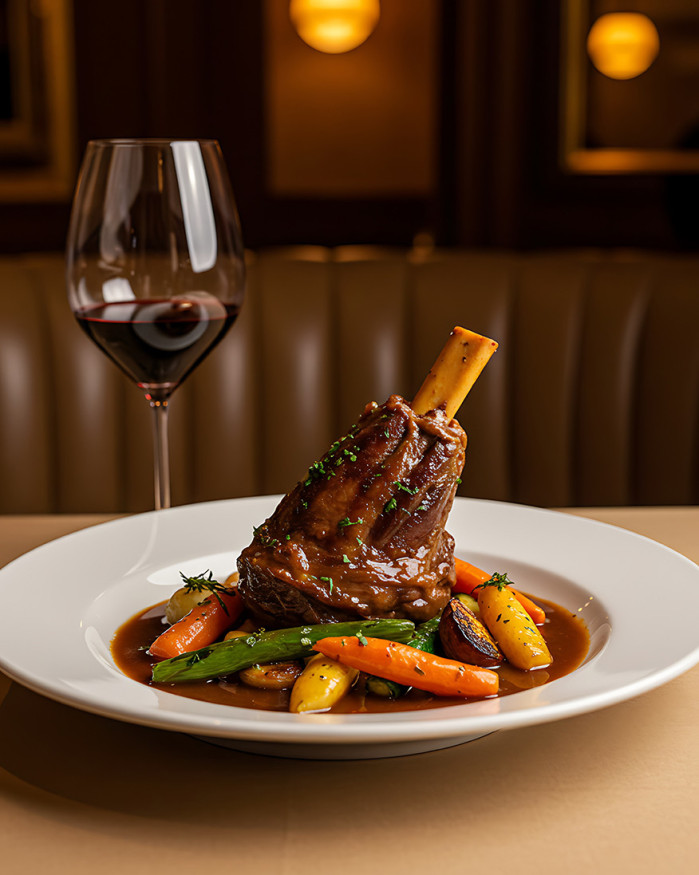 Souris d’agneau braisée longuement, sauce aux dattes et pulpe de céleri