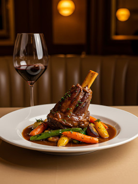 Souris d’agneau braisée longuement, sauce aux dattes et pulpe de céleri