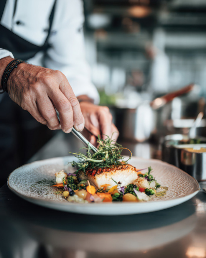 Bar en filet, patate douce au lait de coco et crème de gingembre