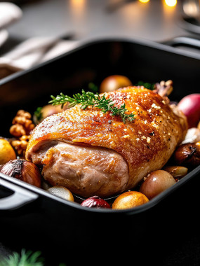 Chapon, réduction de jus de volaille au foie gras